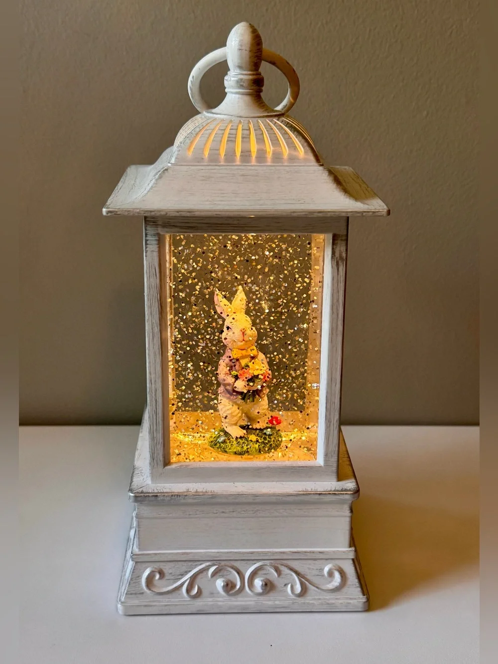 Easter Farmhouse White Distressed Lantern Water Globe with Bunny Figurine
